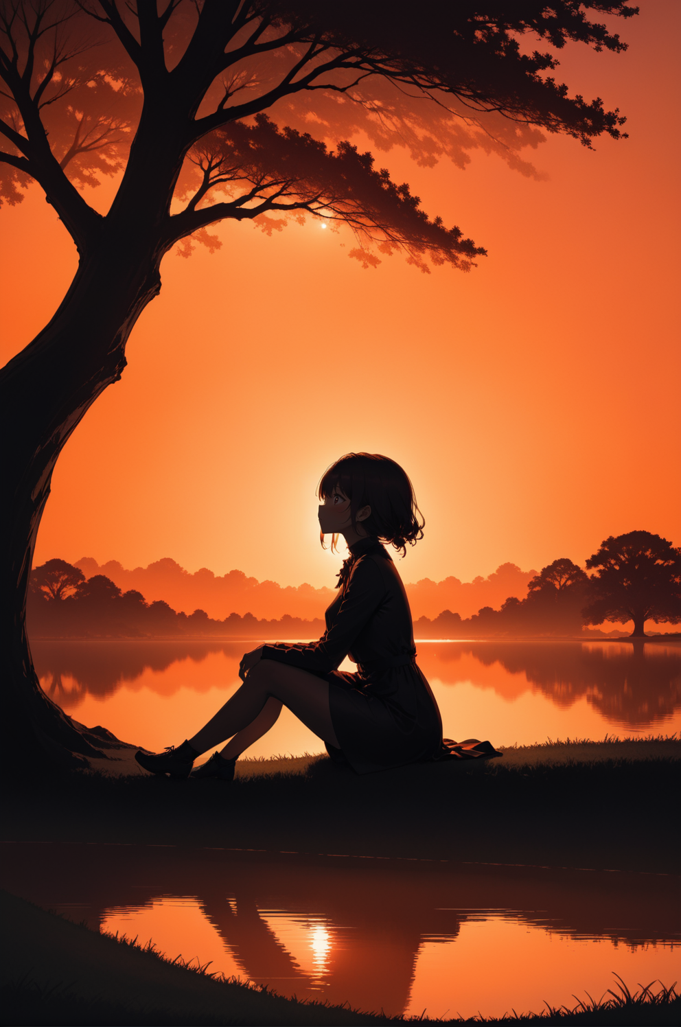 1girl, silhouette, sitting, sitting under tree, orange-red sky, evening, orange lighting